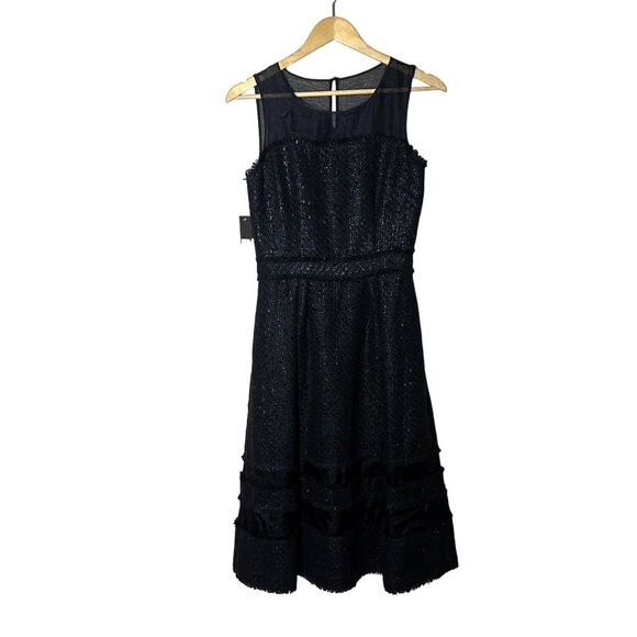Badgley Mischka Boucle Midi Dress Womens Size 6 Silk Panels Timeless Classic Mod - Picture 1 of 9